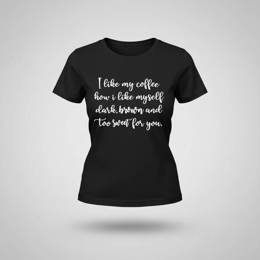 Dark Brown & Too Sweet Women's Tee ghost mannequin on black shirt